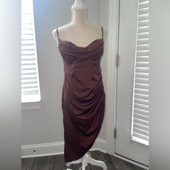 Oh Polly Cowl Corset Asymmetrical Satin Dress - Picture 7 of 8